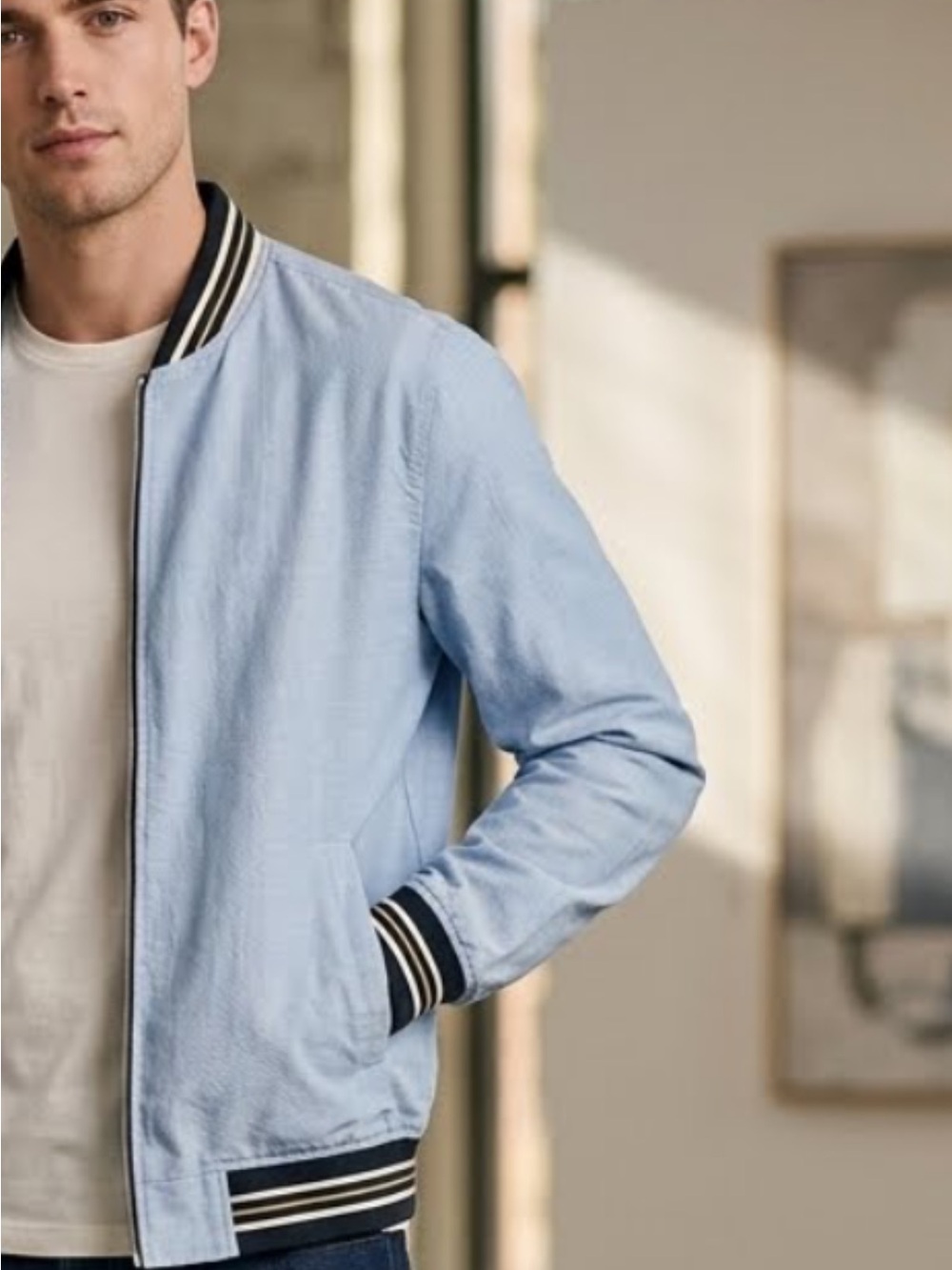 Denim & Flower NEW Classic Oxford Varsity Bomber Jacket Blue Mens M Preppy